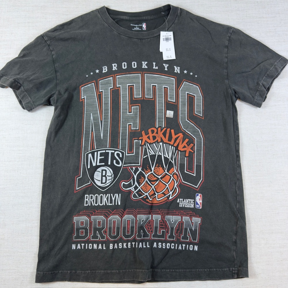 Abercrombie & Fitch NBA Brooklyn Nets Graphic Tee Washed Black Mens Large L NWT